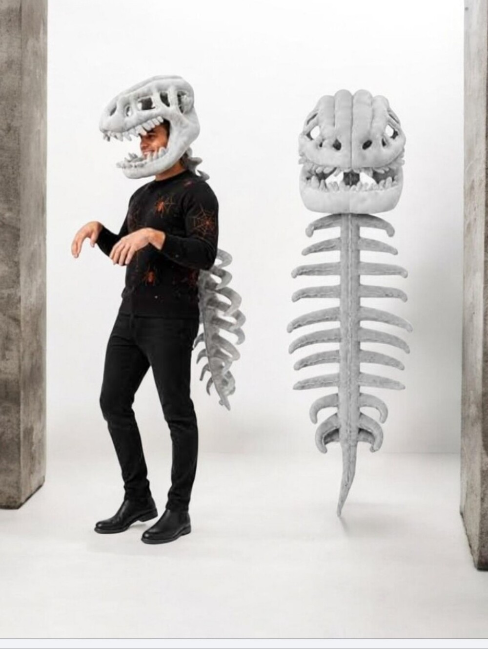 Kids Or Adults Dinosaur Skeleton Costume Headpiece and Spine - Grey